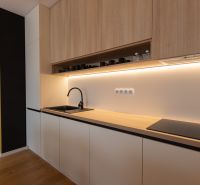 Kitchen unit with storage space, black sink, and cooktop in a 2-room apartment.