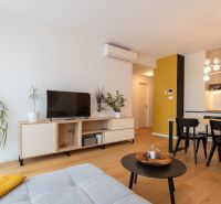 Living room in a two-room apartment with a wooden decor floor and modern furniture.