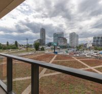 View from a 2-room apartment on Soukenicka Street in Bratislava with modern architecture.