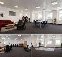 Office spaces with a sofa, tables, and chairs in warehouses and halls.