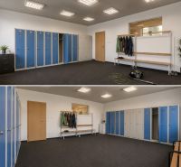 Locker room in warehouses and halls with blue and gray lockers, benches, and hooks.