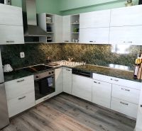 A kitchen in a 3-room apartment with a wooden decor floor and green tiles.