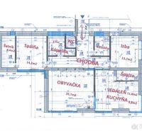 Floor plan of a family house with rooms: living room, bedroom, bathroom, kitchen, and pantry.