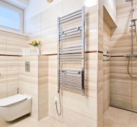 Bathroom with toilet, shower, and ladder radiator in a family house.