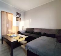 Living area of a 2-room apartment with a sofa, table, and wardrobe, floor with wooden decor.