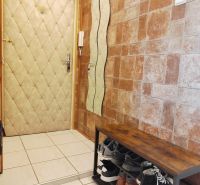 Entrance hall in a 2-room apartment with a shoe cabinet, coat rack, cladding, and tiles.