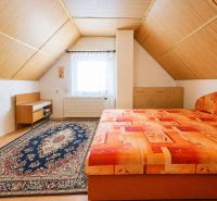 Attic bedroom with coordinated furniture, carpet, and a large bed in a family house.