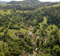 An aerial view of a green landscape with family houses surrounded by forests in Banky.