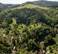 Aerial view of the picturesque landscape surrounding family houses in the village of Banky.