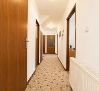 A hallway in a family house with a terrazzo floor and wooden doors.