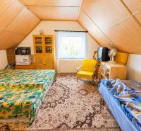 Attic room in a family house with patterned carpet and furniture with wooden decor.