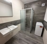 Bathroom in a 3-room apartment with a sink, shower, and washing machine.