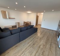 Living room of a three-room apartment with a corner sofa and a floor with a wooden decor.