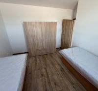 A bedroom in a 3-room apartment with a wardrobe, two beds, and a floor with a wooden decor.