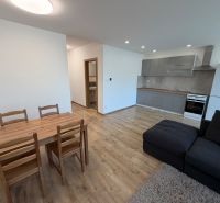 Interior of a 3-room apartment with a kitchen, dining table, and wooden decor flooring.