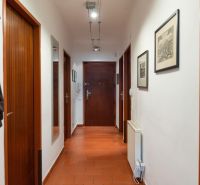 A hallway with a mirror, paintings, and a reddish-brown floor in a 3-room apartment.