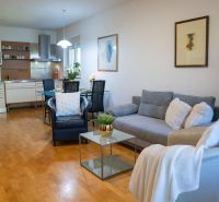 Living room with kitchen in a 3-room apartment, wooden decor flooring, comfortable couch.