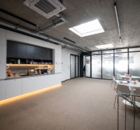 Offices with minimalist furniture, a glass wall, and a kitchenette with wood-patterned flooring.