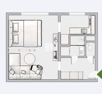 Floor plan of a 1-bedroom apartment with a bathroom, kitchen, living room, and bedroom.