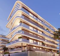 Modern architecture with elegant balconies surrounded by palm trees in the city of El Puig.