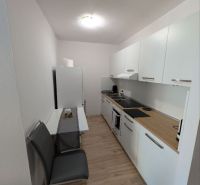 A kitchen in a 2-room apartment with a wooden decor floor and white cabinets.
