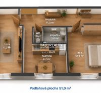 Floor plan of a 2-room apartment with a hallway, kitchen, bathroom, and two rooms.