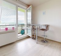 Bright kitchen with a bar counter in a 2-room apartment, floor with wood decor.
