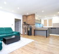 Living room with a green sofa and kitchen, wooden decor flooring in a family house.