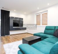 Living room with a turquoise sofa and wood-patterned flooring in a family house.