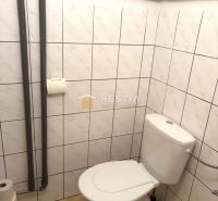 A restroom in commercial premises with white tiles and a floor with a subtle pattern.