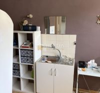A kitchenette with a sink, a shelf, and a wooden decor floor in commercial premises.
