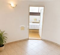 Interior space with tiles, a plant, and a view into a room with wood-patterned flooring.