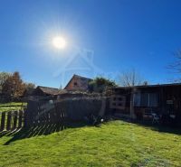 Sunny courtyard at a family house in Nové Hony with a lawn and wooden structures.