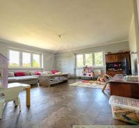 Living room in a family house with a sofa, windows, and a wooden decor floor.