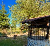 A well in the garden of a family house in Nové Hony surrounded by trees and a grassy plot.