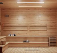 Sauna with benches and floor with wooden decor in the apartment construction project.