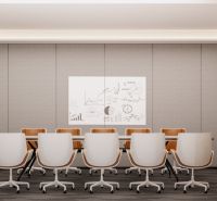 Conference room with a whiteboard, modern chairs, and a screen, Apartment construction.