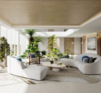 Spacious interior of apartment construction with greenery, comfortable furniture, and wood-patterned flooring.