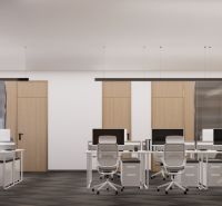 Office spaces with white desks and chairs, ideal for apartment development.