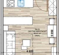Floor plan of a 1-bedroom apartment with a kitchen area, living room, and loggia.