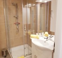 A bathroom with a corner shower and a sink in a studio apartment.