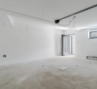 Empty room with a white wall, balcony door, and window, Family house.