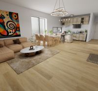 Living room in a family house with a wooden decor floor, a fireplace, and a colorful painting.