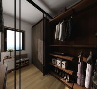 A wardrobe in a family house with shelves and a wooden decor floor.