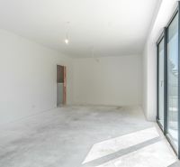 A spacious room with white walls and a large window in a family house.