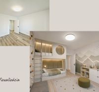 Children's room in a 3-room apartment with a wooden decor floor, creative design on the wall.