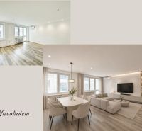 Spacious living area in a 3-room apartment with wood-patterned flooring.