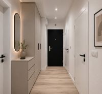 A hallway in a 3-room apartment with a wooden decor floor, a mirror, and decoration.