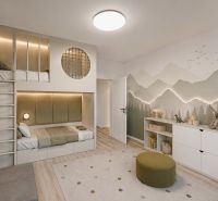 A children's room in a 3-room apartment with a double bed and a mountain wallpaper on the wall.