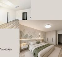 Visualization of a bedroom with a bed and a wardrobe, a 3-room apartment with a wood-decorated floor.